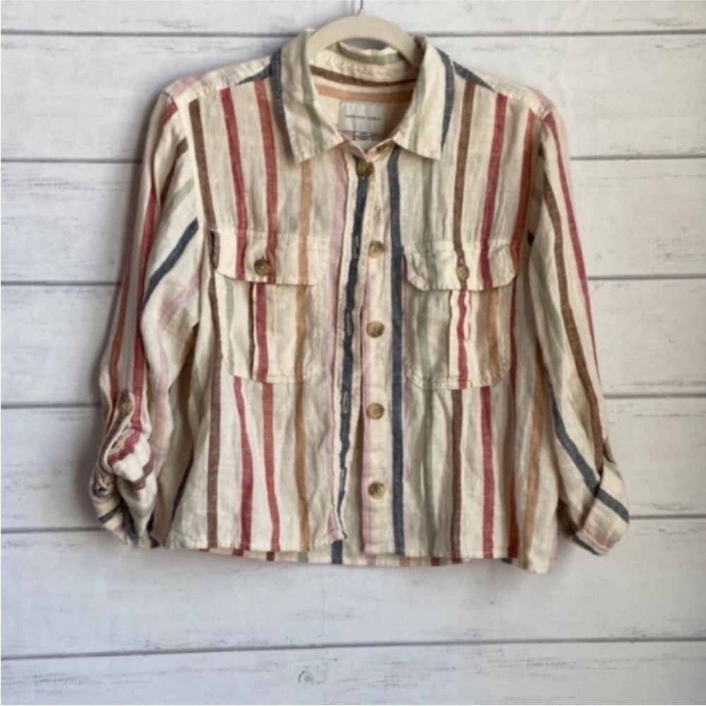 American Eagle Multi Striped Cropped Button Down … - image 1